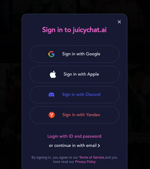 JuicyChat AI login screen